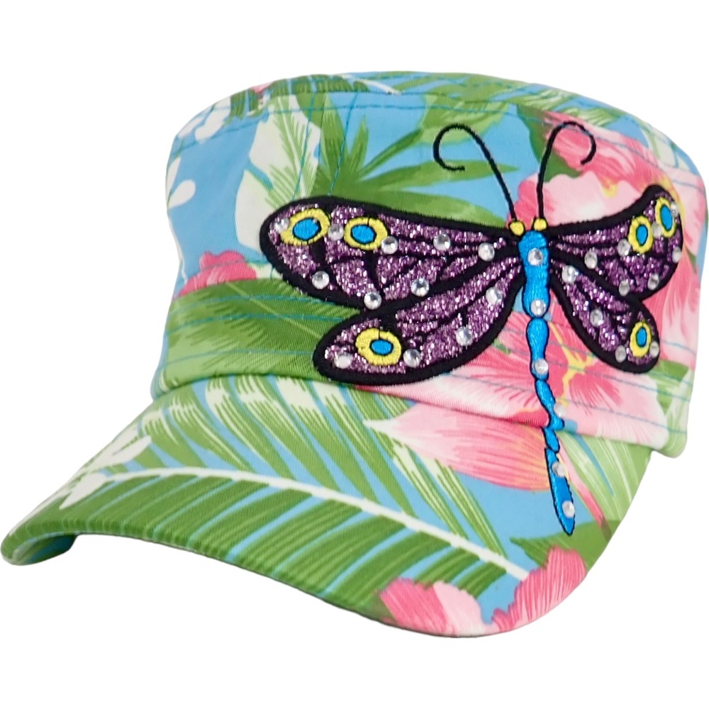 Hawaiian Flower Print Ball Cap Hat Purple Butterfly Sequin Bling by Pit Bull